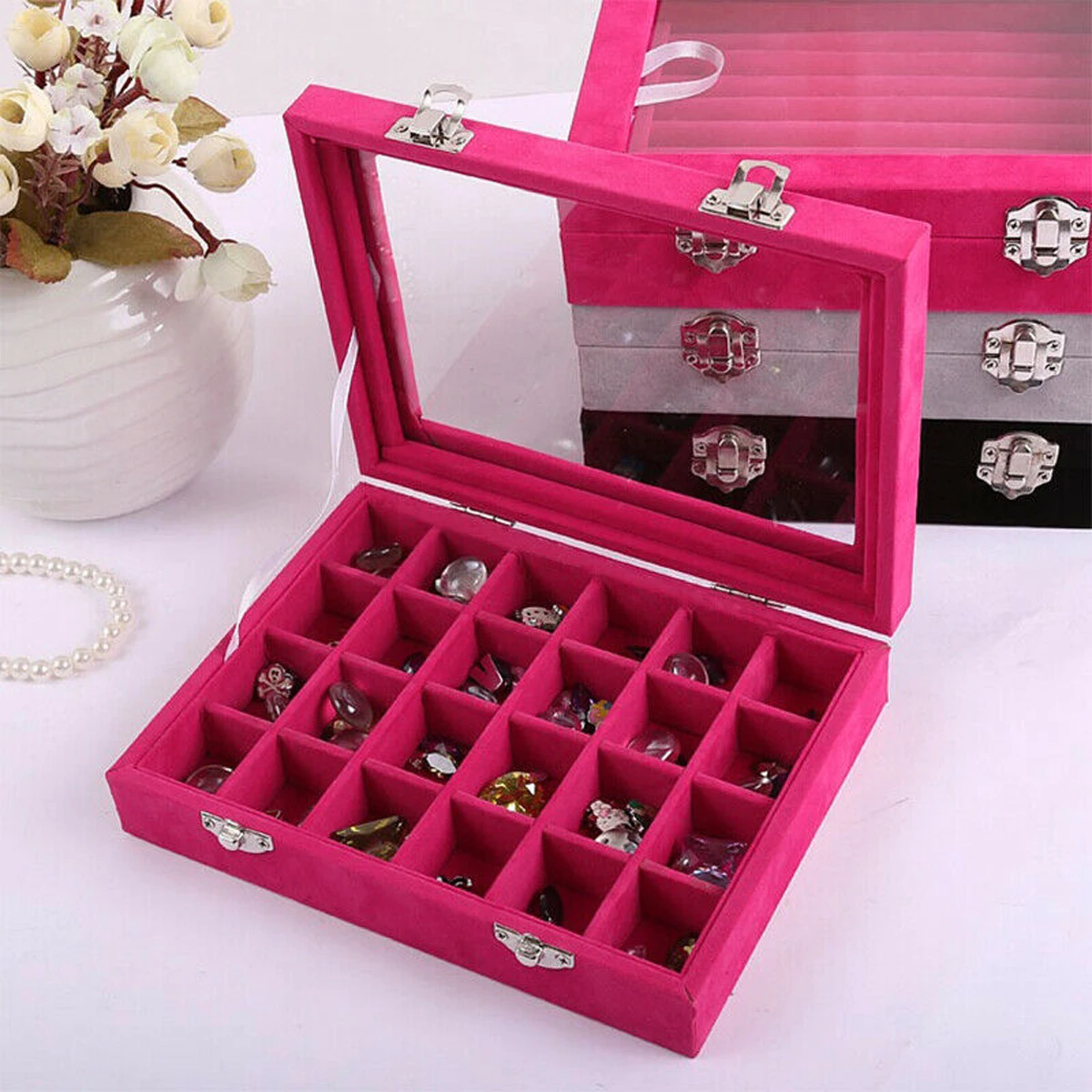 Velvet 24 Compartments Silver Pendant Jewellery Box Jewellery Display Box Earring Box Ring Display Tray Jewellery Storage Velvet