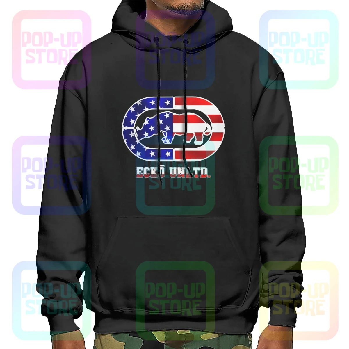 Ecko _ Unltd sudaderas con capucha para hombre y mujer, ropa deportiva con estampado de plata reflectante EE. UU., estilo Pop, moda clásica y cómoda, modelo sudadera con diseño de bandera| | -