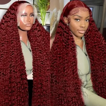 300 Density Human Hair 99J Burgundy 40 Inch Deep Wave 13x6 Curly Lace Front Wig Red Wine Water Wave 13x4 HD Lace Frontal Wigs 1