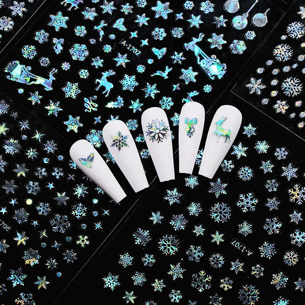 Laser Silver Christmas Nail Stickers Set Winter Elk Snowflake Nail Art Decorations 3D DIY Manicure Decor Gel Slider Decal