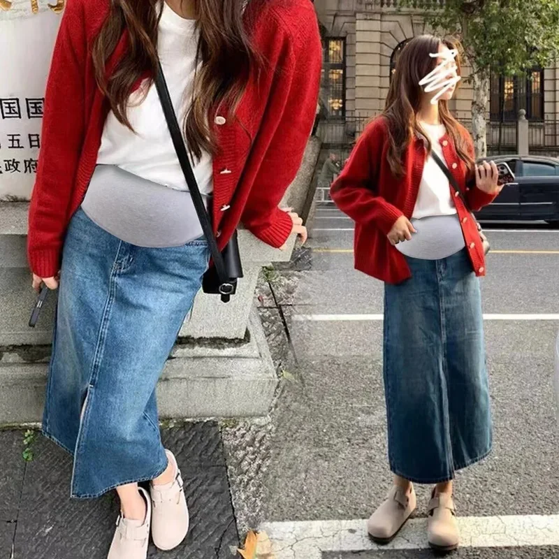 Front Splits Stretch Denim Skirt Maternity Summer High Waist Belly Pencil Bottoms for Pregnant Women 24SS Y2k Youth Pregnancy
