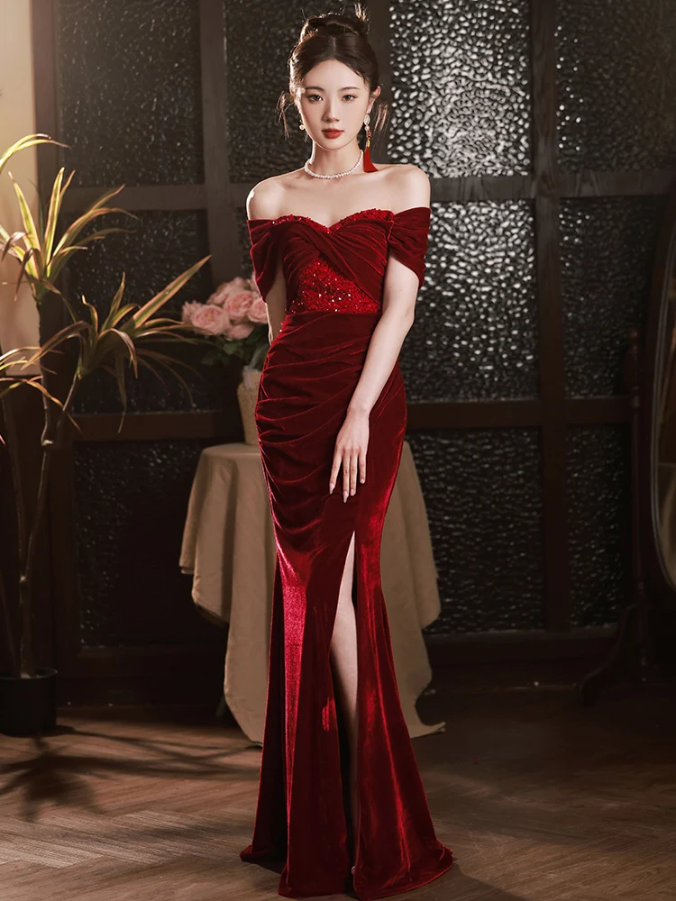 

Retro Wine Red Velvet Bridal Gown Sexy Strapless Off Shoulder Mermaid Evening Dress Women High Split Engagement Party Dresses