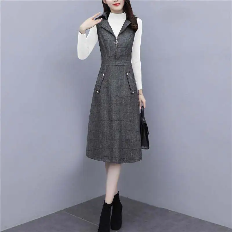 Casual Woolen Dress Two Peice Suit Women Gray Turn Down Collar Sleeveless Dress And Pullover Sweater Outfits Oversized Plaid Set