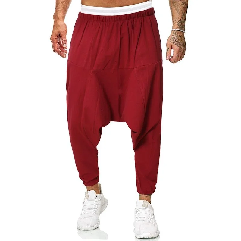 Men Cotton Linen Harem Pants Elastic Waist Streetwear Joggers Baggy Drop-crotch