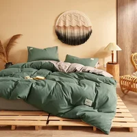 Washable Cotton New Solid Polished Four Piece Set of Simple Plain Bedclothes, Quilt Cover, Bed Sheet, Fitted Sheet 4