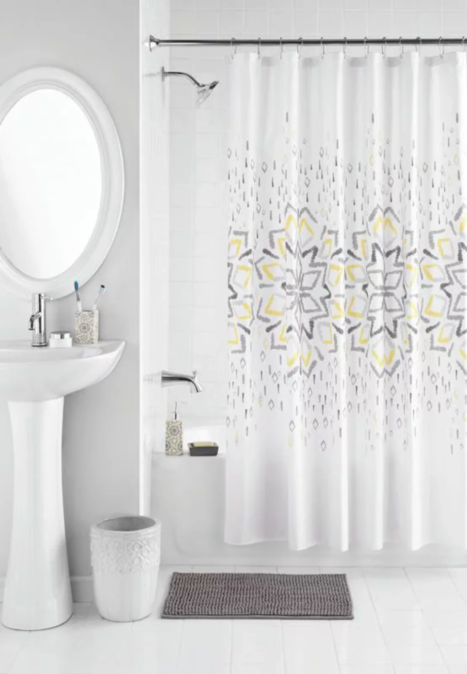 

17-Piece Majestic Mandala Polyester/Ceramic Bathroom Accessory Set, White Print cortinas de baño curtains