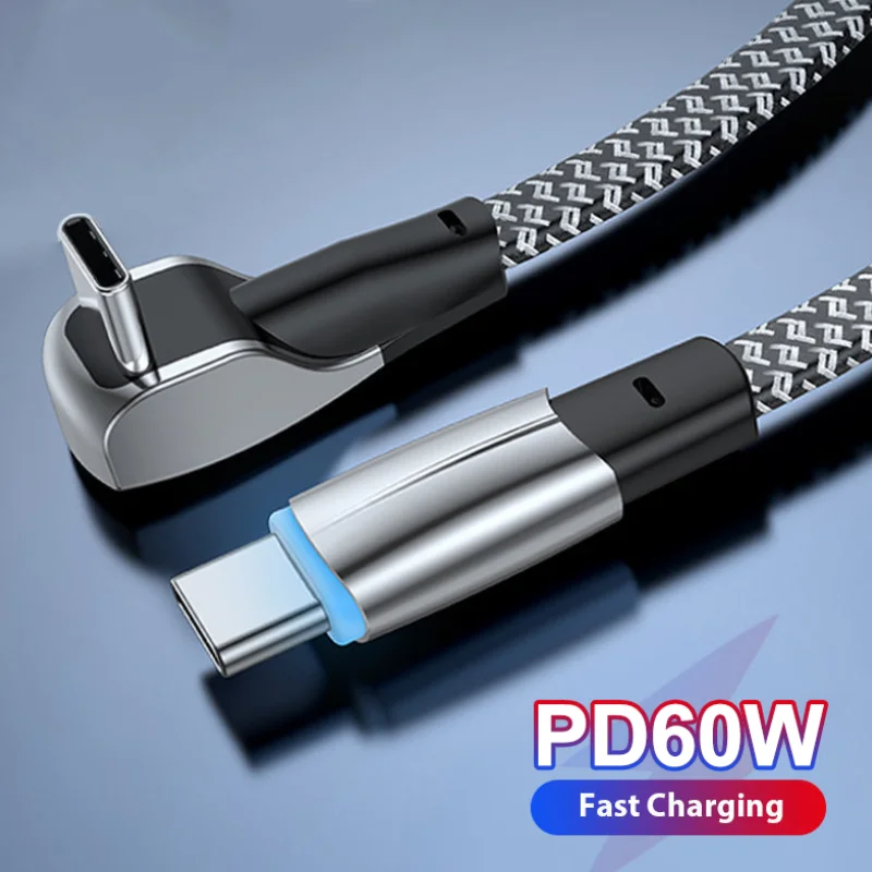 

PD60W Fast Charging Cable, Type C to Type C, 90 Degree Hand, Game Elbow, USB C, Quick Charger for Tesla, Samsung, Xiaomi, Huawei