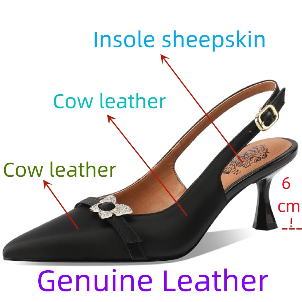 【JOCHEBED HU】Brand Genuine Leather Women Shoes Pointed Toe Slingback Ladies Pumps Thin Mid Heel Buckle Single Shoes 33-43