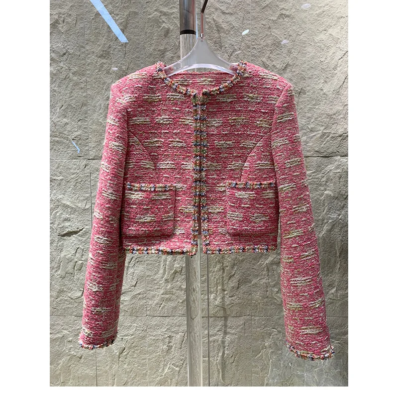 

2023 Early Spring New Little Fragrance Pink Woven Woolen Temperament Celebrity Slim Fit Short Coat Top Versatile
