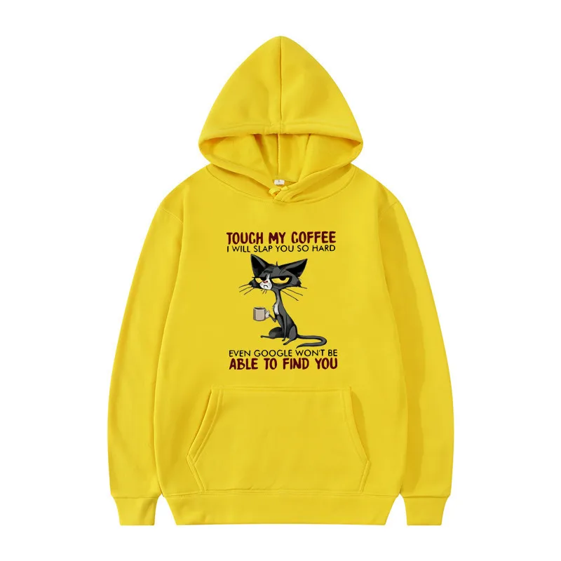 Disdainful Cat Protection Coffee Animation Print Youth Hooded Sports Top Fleece Pullover Casual Jogging Fitness Sweatshirt