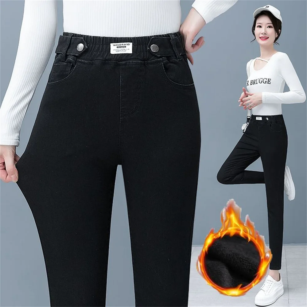 High-quality Winter Thick Fleece High-waist Warm Skinny Jeans Thick Women Stretch Button Pencil Pants Mom Casual Velvet Jeans