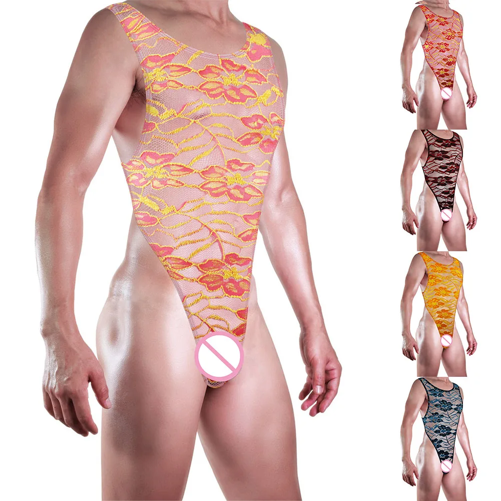 

Men Leotard Sexy Lace Bodysuit Breathable Transparent Convex Pouch Slim Underwear T-back G-strings Nightclub Erotic Lingeries
