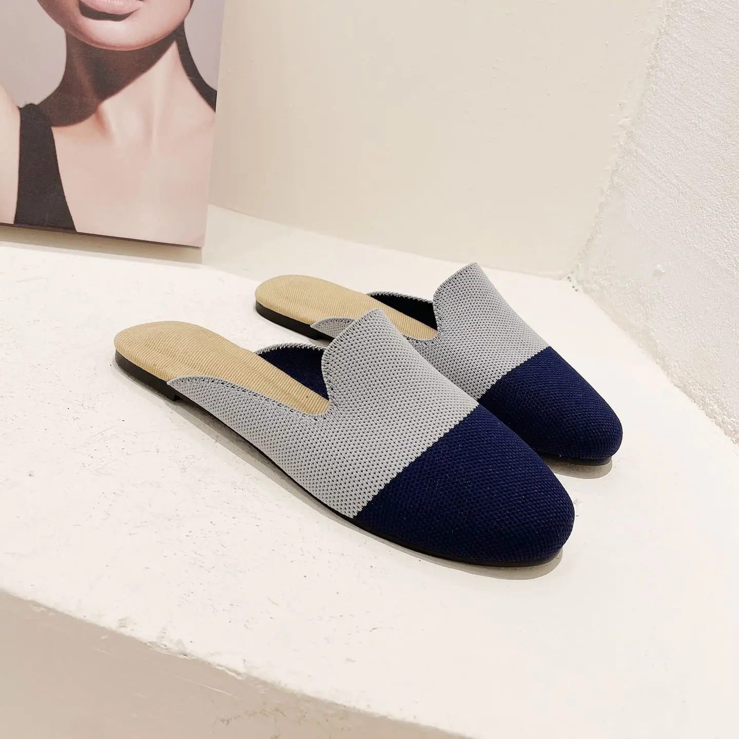 2024 Ladies Slides Women's Casual Slippers new women's pointed bun head half tow woven flat shoes