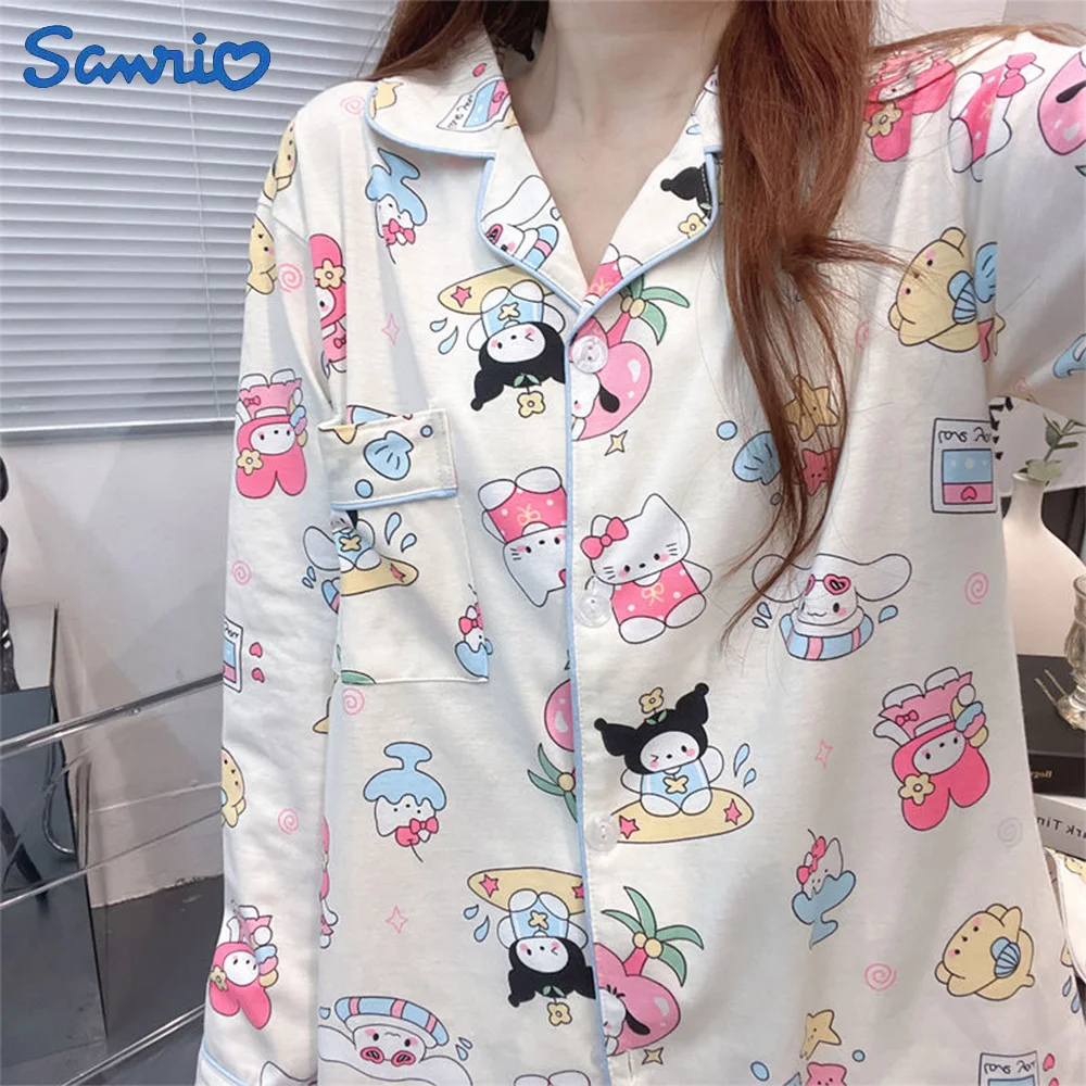 

Kawaii Autumn Pajamas Sanrio Hello Kitty Kuromi Cinnamoroll Long Sleeved Pajama Set Sweet Girl Homewear Cotton Comfortable