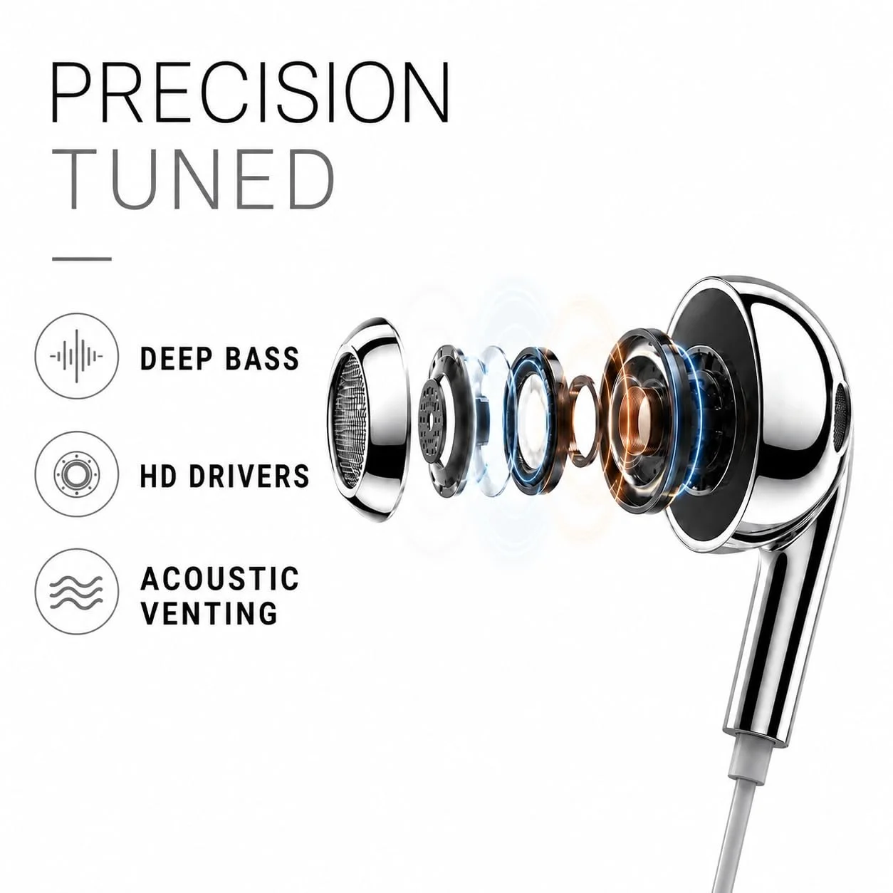 Premium Wired USB-C Earbuds with Mic & Volume Control - Chrome Silver