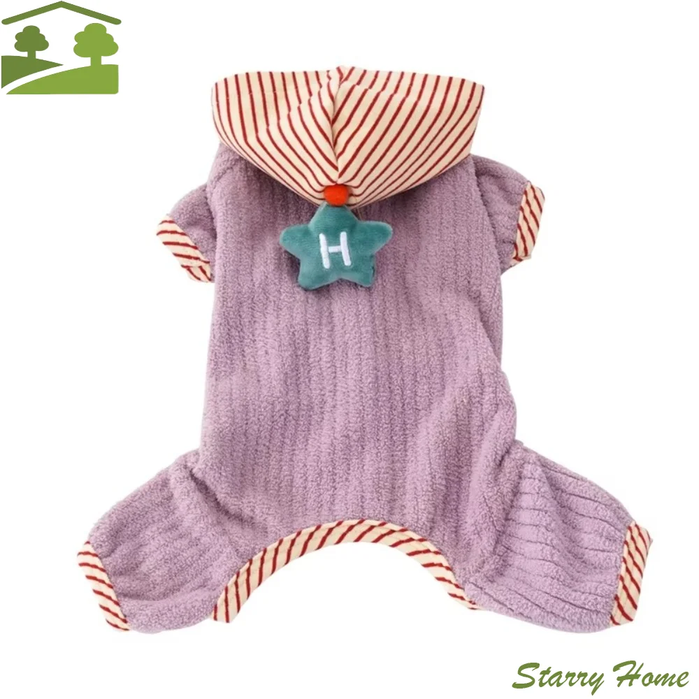 스타 디자인 강아지 스트라이프 점프수트 따뜻한 플리스 강아지 후드 파자마 아..