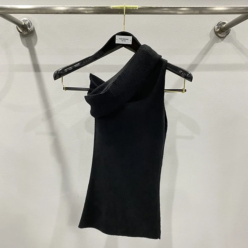 high-street-women's-vest-rick-black-tanks-cashmere-t-shirt-asymmetry-design-tees-fashion-women's-clothing