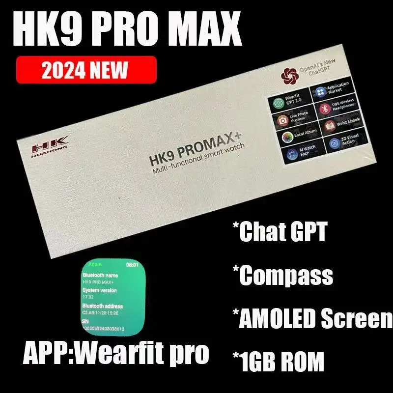 HK9 Pro Max + Gen4 AMOLED 스마트 워치 남녀공용 NFC 나침반 ChatGPT 사진 앨범 스마트워치 시리즈 9 심박수 스포츠 워치 2024