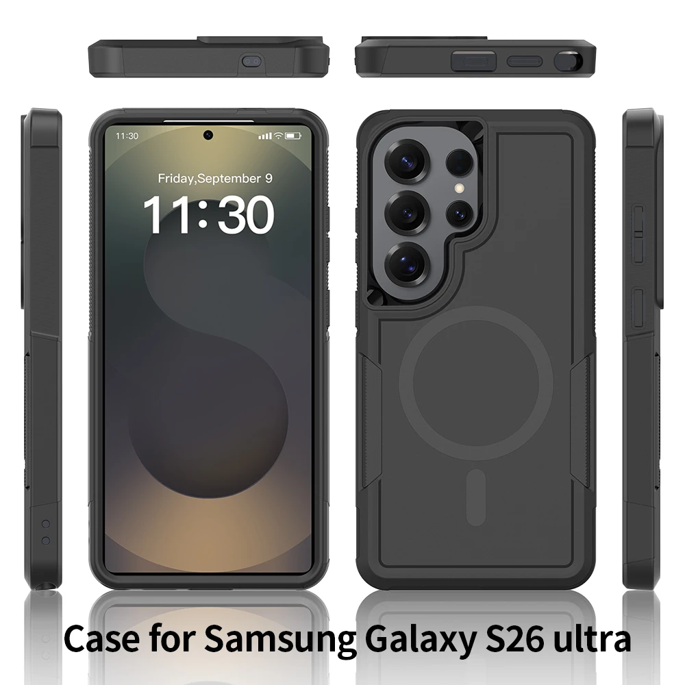 Enhanced Black Shockproof Armor Case with Magnetic Hybrid Design