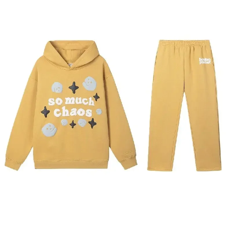 American Trend BrokenPlanet Autumn/Winter Letter Print High Street Men's and Women's Hooded Sweater Casual Pants Tide Two-piece