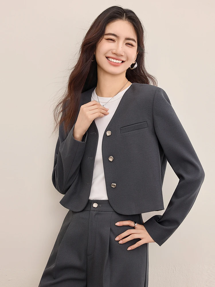 SENTUBILA Women's Gray Commuter Set 2025 Autumn Tailored V-neck Blazer With Shoulder Pads & Elastic Waist Trousers 153ZA2497 - Image 2