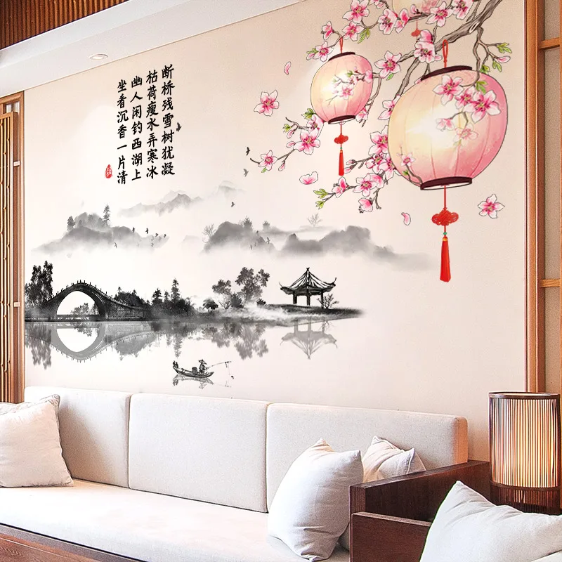 Chinese Tv Achtergrond Muur Decoratie Zelfklevend Behang Landschap Lantaarn Decoratieve Schilderkunst Muurstickers Inkt Schilderij