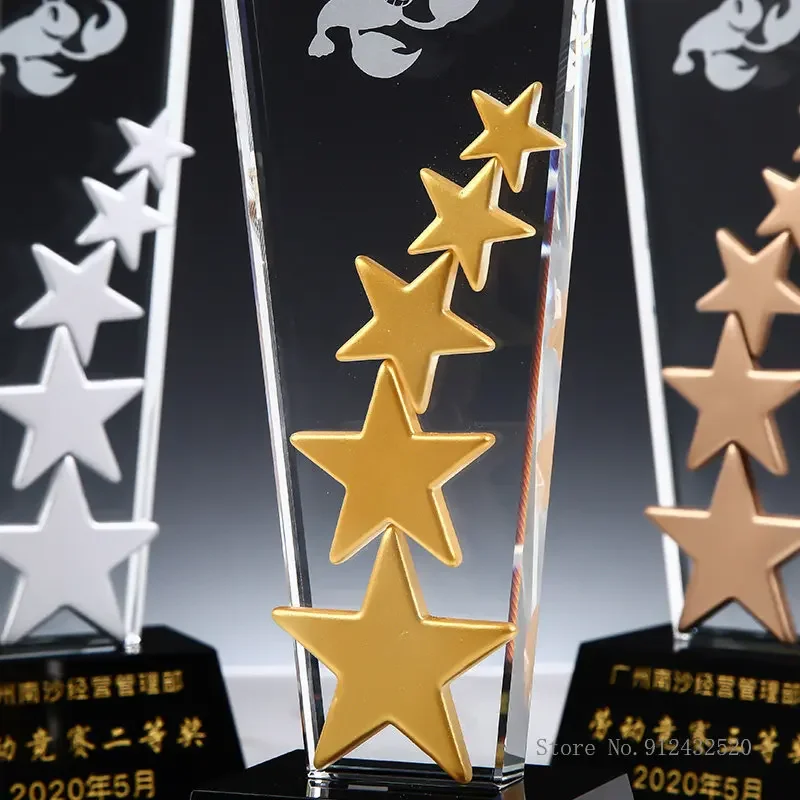 Customized Crystal Trophy, Gold, Silver, Copper, Red, Five Stars, lettering, Honour Company Annual Meeting Award, Home Decor 1Pc