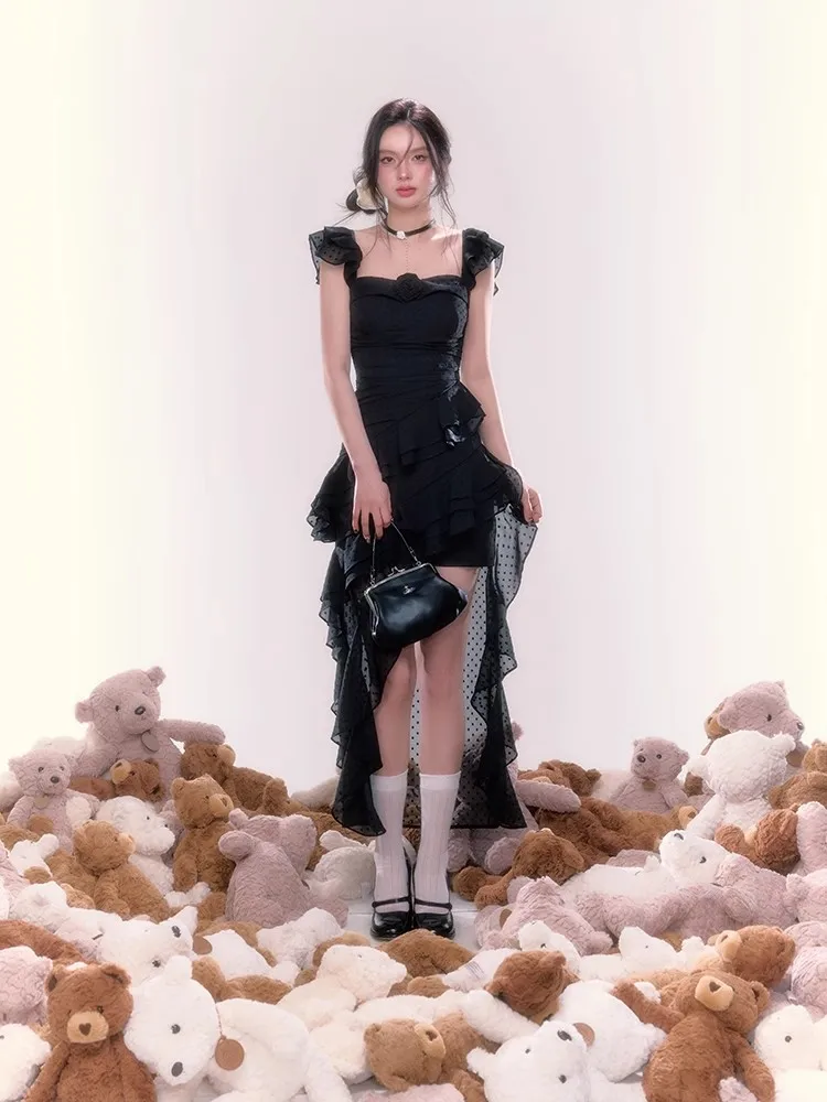 Y2K Irregular Ruffles Midi Dresses for Women Sleeveless Birthday Party Dress Prom Robe Korean Chic Summer New One Piece Vestido