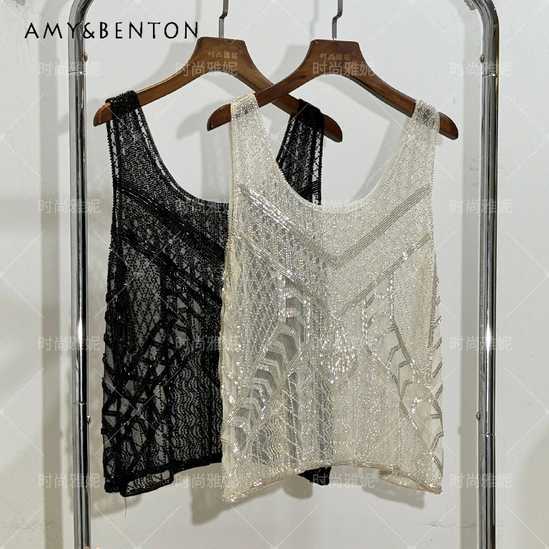 

American Style See-through Pullovers Heavy Industry Beaded Shirt Sleeveless Loose Vest Top All-Matching Women's Wear Y2k Clothes