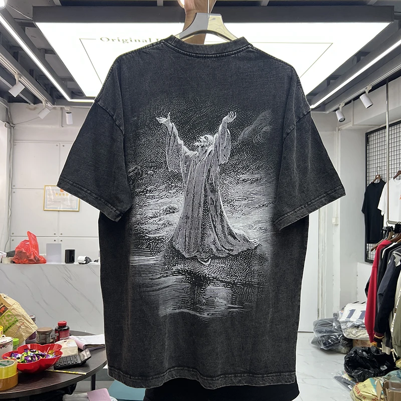 

2023 God Print Vintage Washed Heavy Fabric T Shirt Men Women High Quality T-shirt Oversize Top Tees