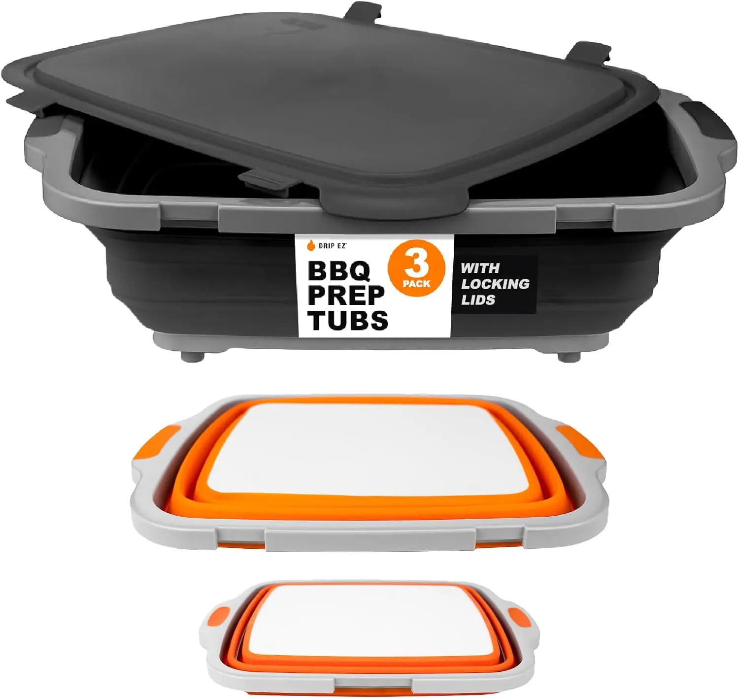 Drip EZ Collapsible BBQ Prep Tubs 3-Piece Set (V2)-For Meal Prep Marinating Food Storage-Includes Cutting Board & Lid (1)