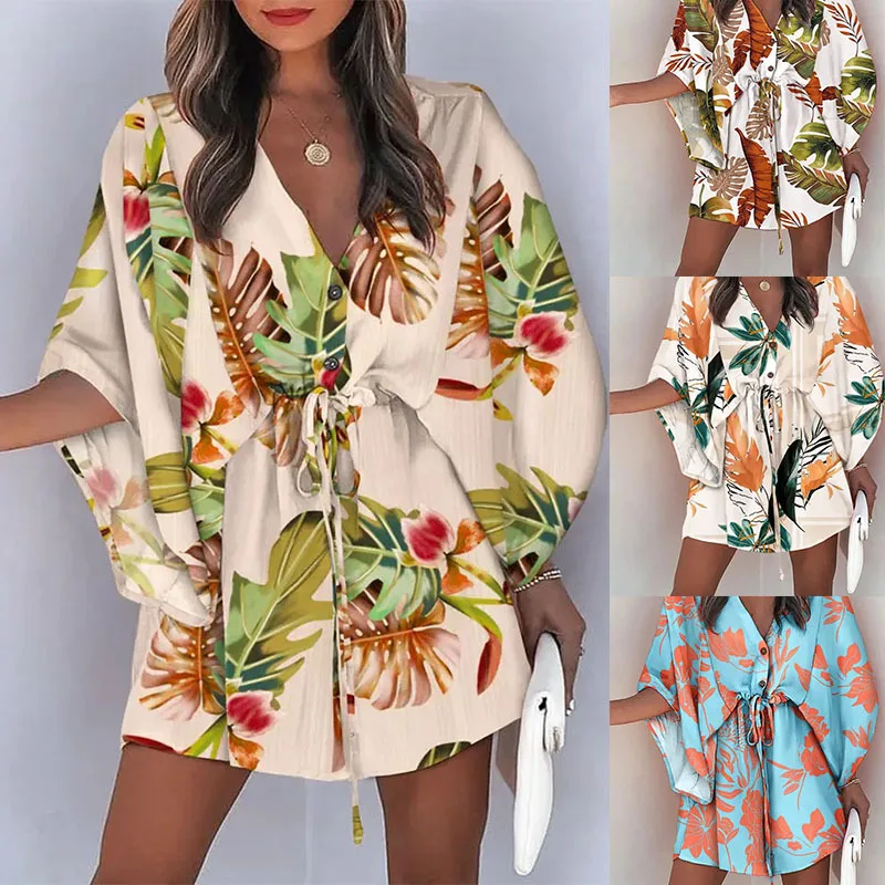 

Ladies Fashion Holiday Pants Beach Jumpsuit Sexy Casual V Neck All Over Print Short Batwing Sleeves Lace Up Vacation Rompers