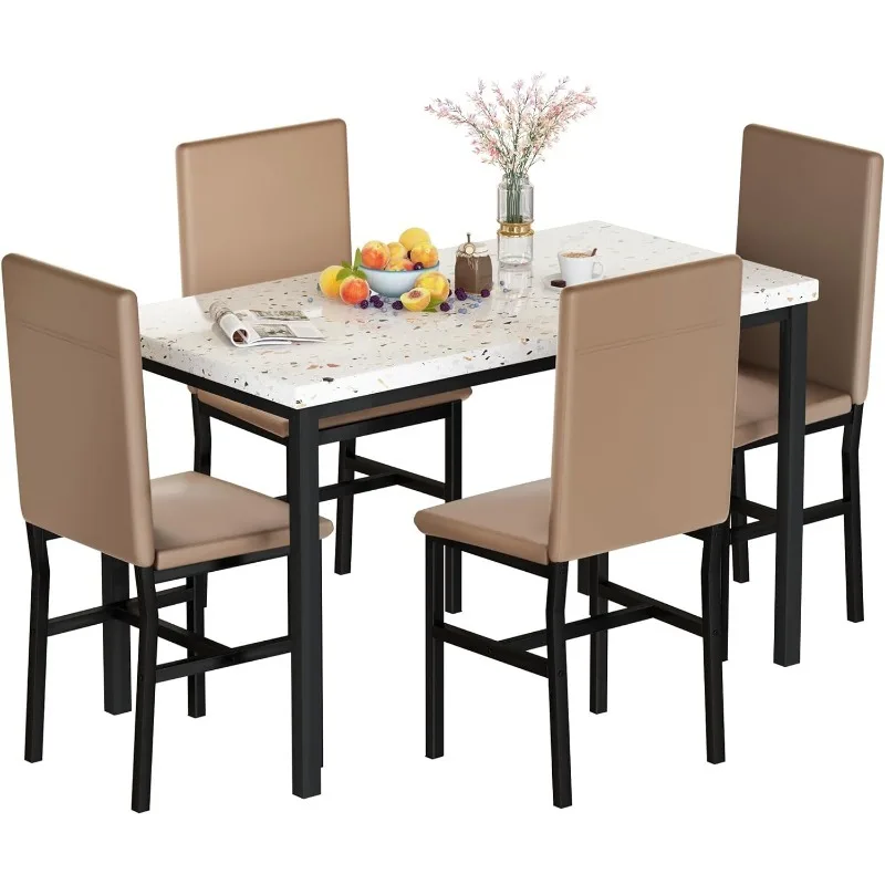 

Kitchen Table and Chairs for 4,Faux Marble Dining Table with 4 Upholstered PU Leather Chairs,5-Piece Rectangular Kitchen Table