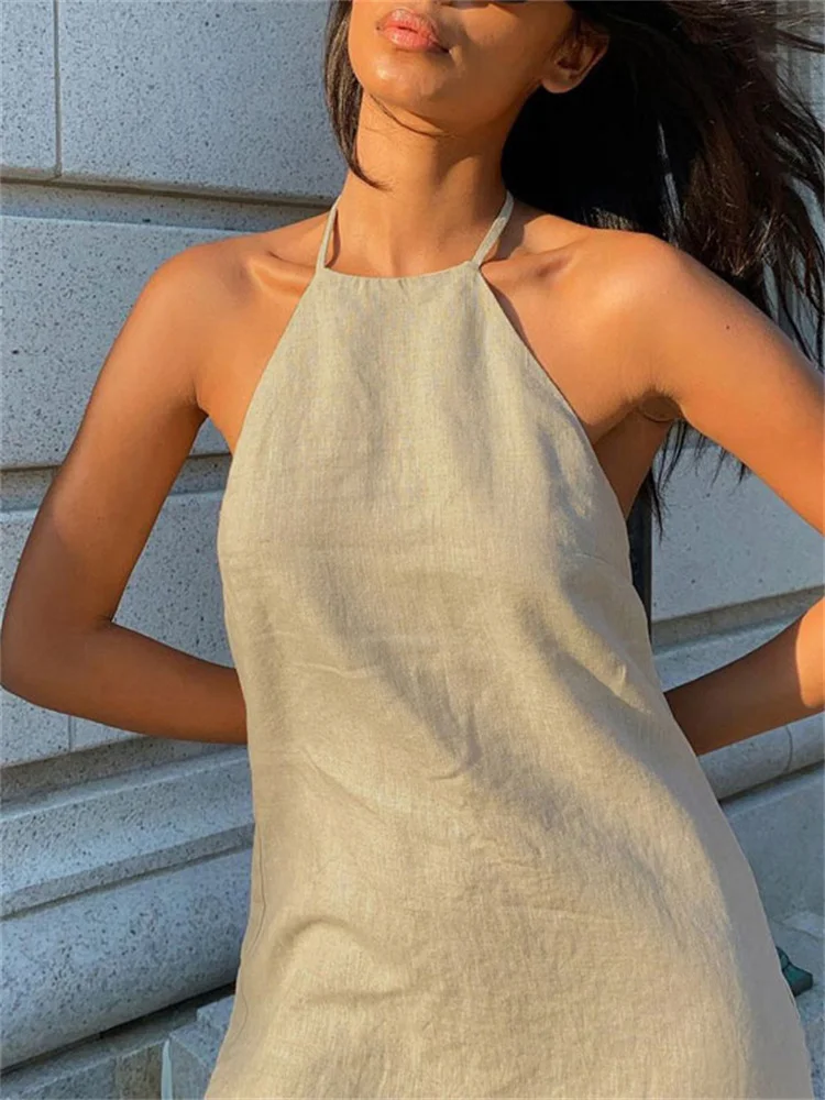 Female Backless Mini Dress Lace-Up Solid Basic Hanging neck Patchwork Casual Off-Shoulder Dress Sexy Fashion Women Dress