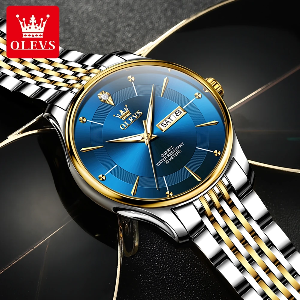 OLEVS New Men's Watches Original Luxury Waterproof Dual Calendar Luminous Quartz Watch Stainless Steel Strap Male Wristwatch