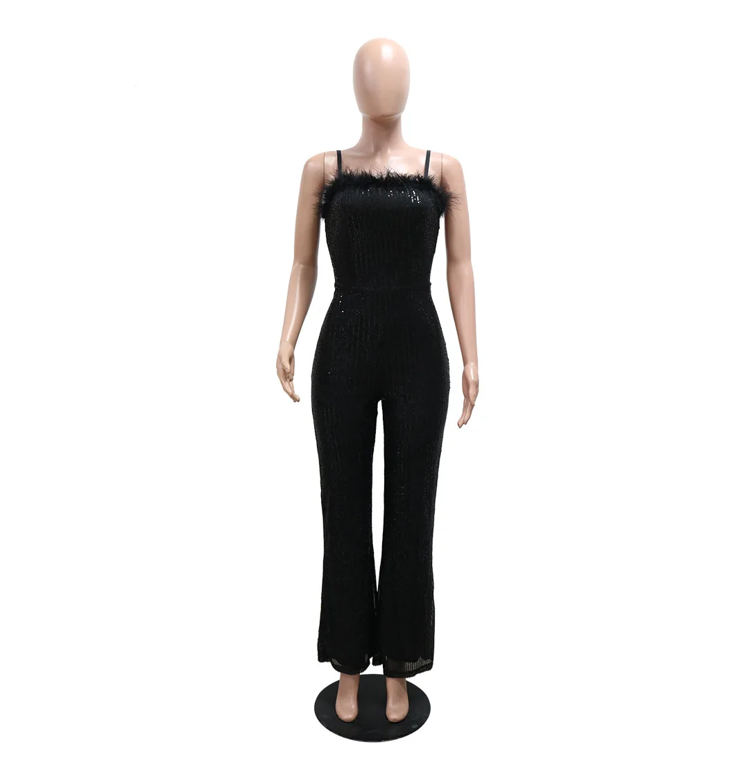 HLJ Sexy Sequin Feather Splicing Spaghetti Strap Party Club Jumpsuits Women Sleeveless Backless Straight Playsuits Lady Overalls