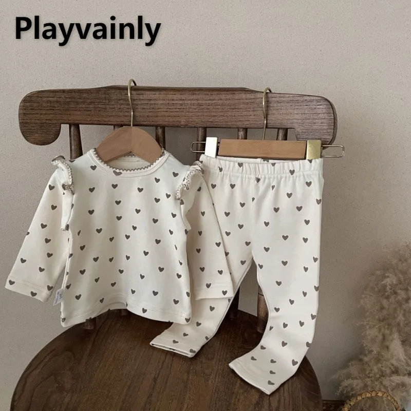 New Spring Autumn Baby Girl Pajamas Beige Love Heart Print Pullover Top+Elastic Waist Pants Newborn Home Wear Nightgown E41531