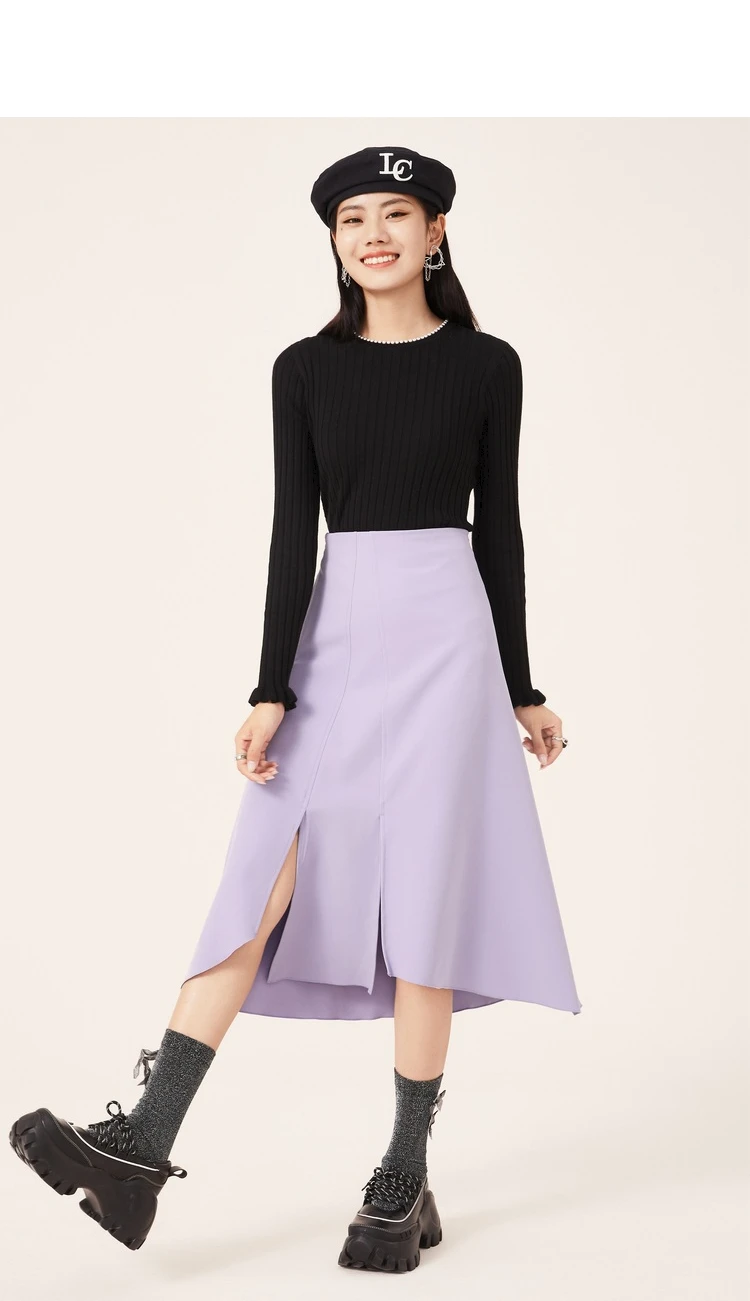 summer skirts A21 Elegant Women 2022 Spring New Purple Midi Skirt Causal High Waist Split Ladies Chic Slim Solid Long Skirt silk skirt