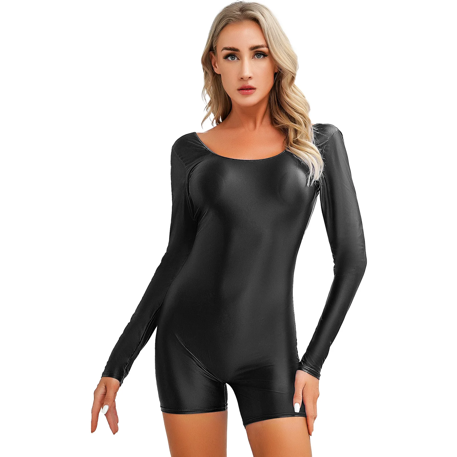 

Summer New Womens Long Sleeve Bodysuit Female Swimwear Swimsuits Solid Color Round Neck Slim Fit Short Jumpsuit for Swimming Gym