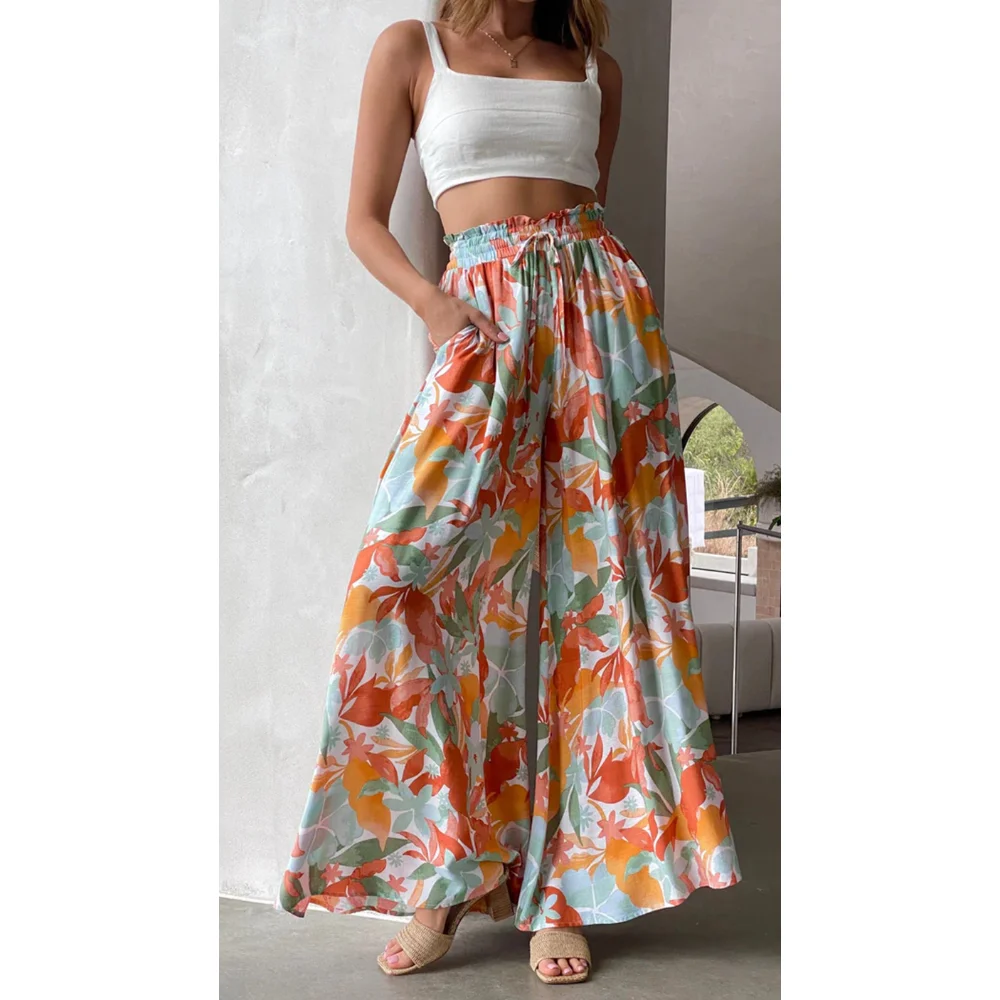 

Fastfashiongo 2023 New Summer Women's Fashion Print Casual Wide-leg Loose Casual Non-elastic High-waisted Trousers for Women