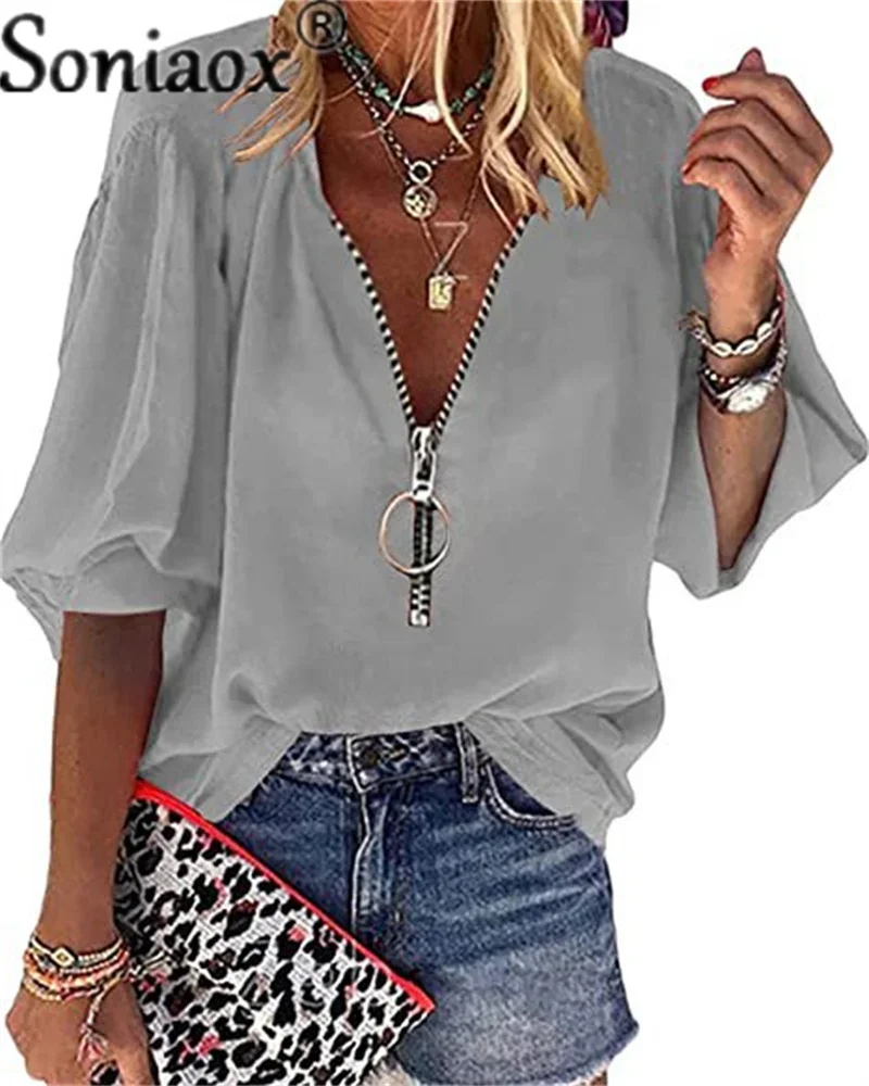 Summer 2022 New Fashion Shirt Blouse Women Solid Color V Neck Zipper Casual Tops Tees Ladies Lantern Short Sleeve Loose Shirt