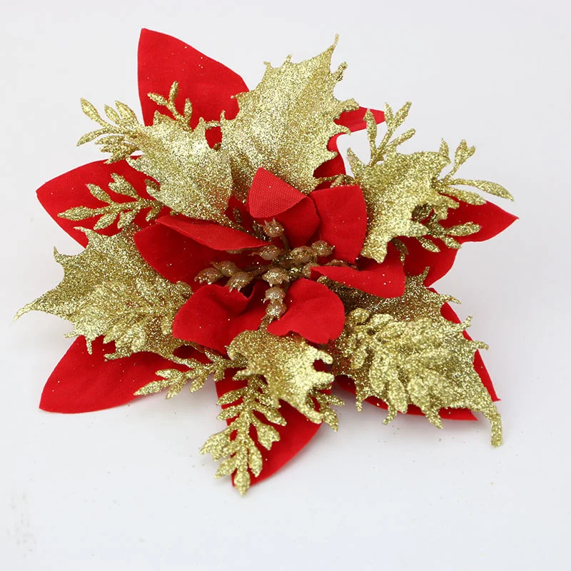(5Pcs/pack) 14cm Christmas Gold Powder Flowers Glitter Tree Decorations Xmas Ornaments New Year Gifts