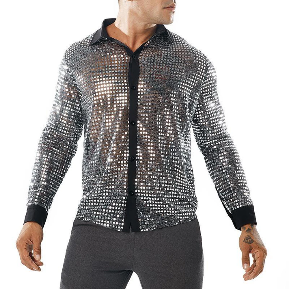 Mens Sparkly Sequins Party Dance Shirts Retro 70s Disco Nightclub Shirt Tops Night Club Wear Long Sleeved Male Performance Tees club 57 film performance and art in the east village 1978–1983