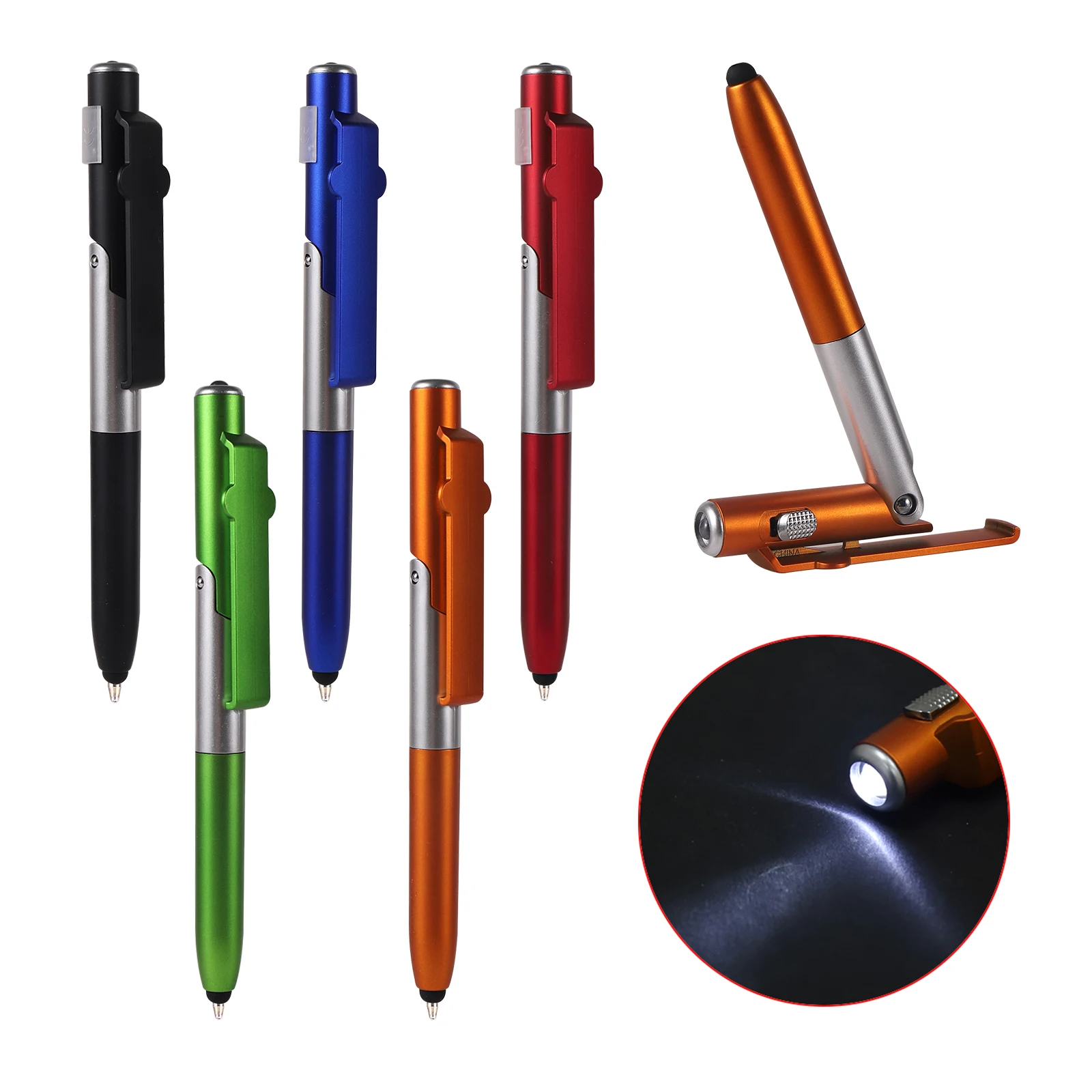 4-in-1 Foldable Ballpoint Pen Stylus Flashlight Cellphone Supporter Night Read Writing Pencil Office School Student Stationery