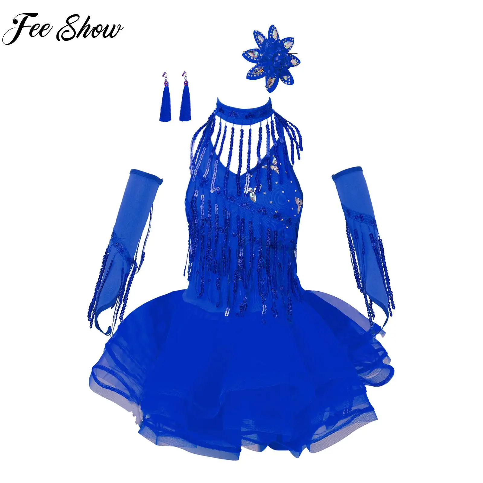 

Kids Girls Latin Dance Performance Outfit Sequin Crisscross Tutu Dress Shorts Gloves Neck Ring Ear Clips Flower Headwear