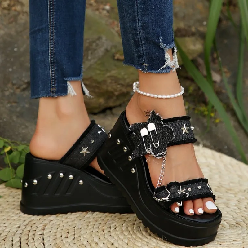 Women Peep Toe Black Wedge Sandals Lady Summer Casual