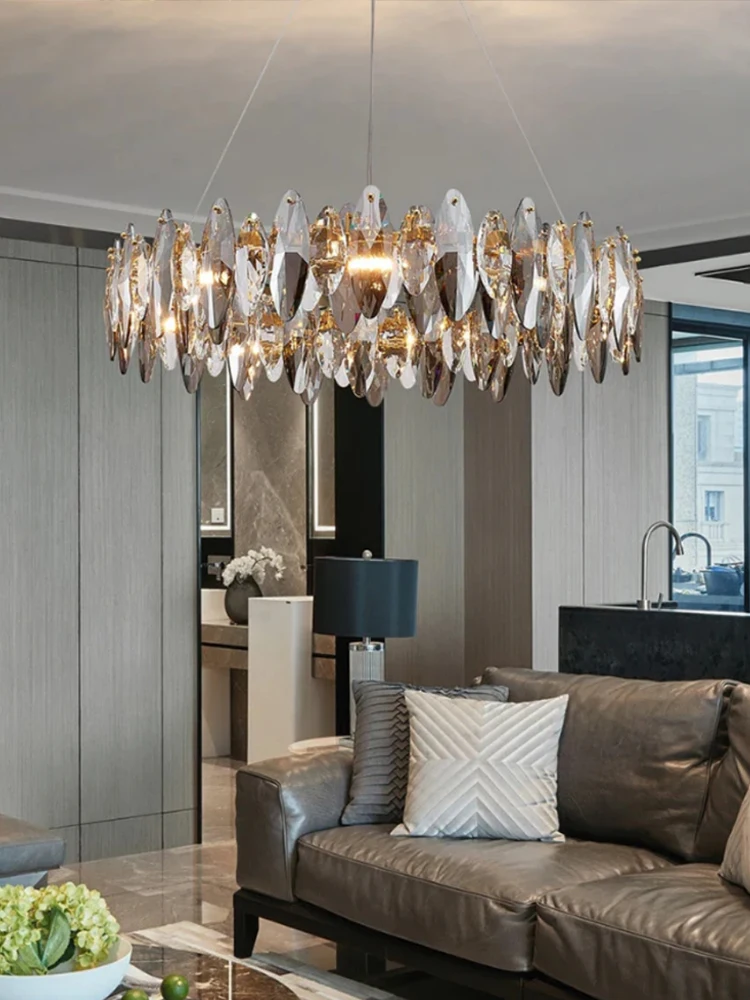 

Modern Luxury Chandelier Lighting E14 LED Lustre K9 Smoke Gray Crystal Pendant Lamp Decor Living Dining Room Kichen Island