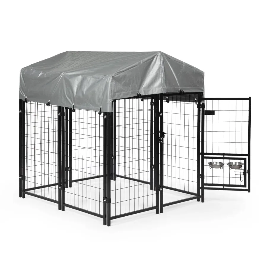 Heavy Duty Dog House Pen with Roof Reversible Feeding Door Stainless Steel Bowls Fence Cage Small to Large Dogs Kennel Outdoor