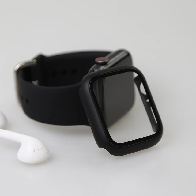 Glass+Watch Cover for Apple Watch Case 41mm 45mm 40mm 44mm 42mm 38mm Matte Bumper+Screen Protector for Iwatch SE 7 6 5 4 3 2 1 Black