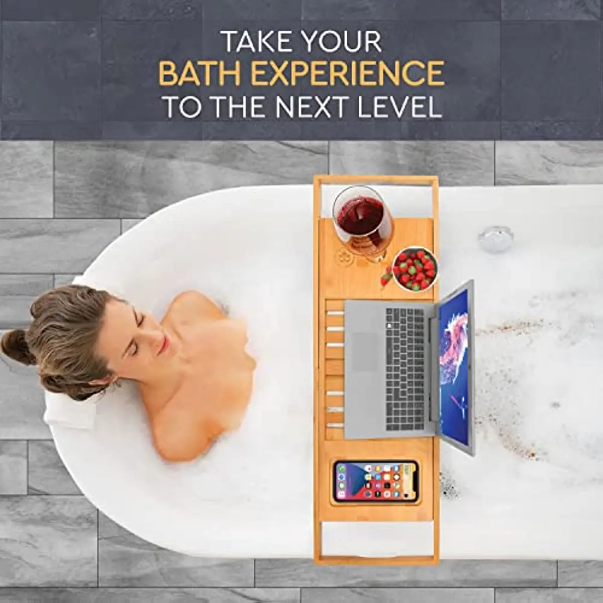 Premium Bamboo Bathtub Tray Expandable Wooden Bath Tray Adjustable Bathroom for Tub Luxury Bath Tub Table Gift Idea for Lov